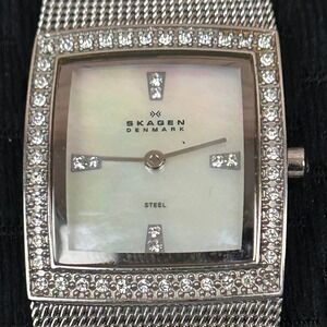 Skagen Denmark 606SSS Silver Mesh Watch Mother of Pearl Crystal Bezel Square